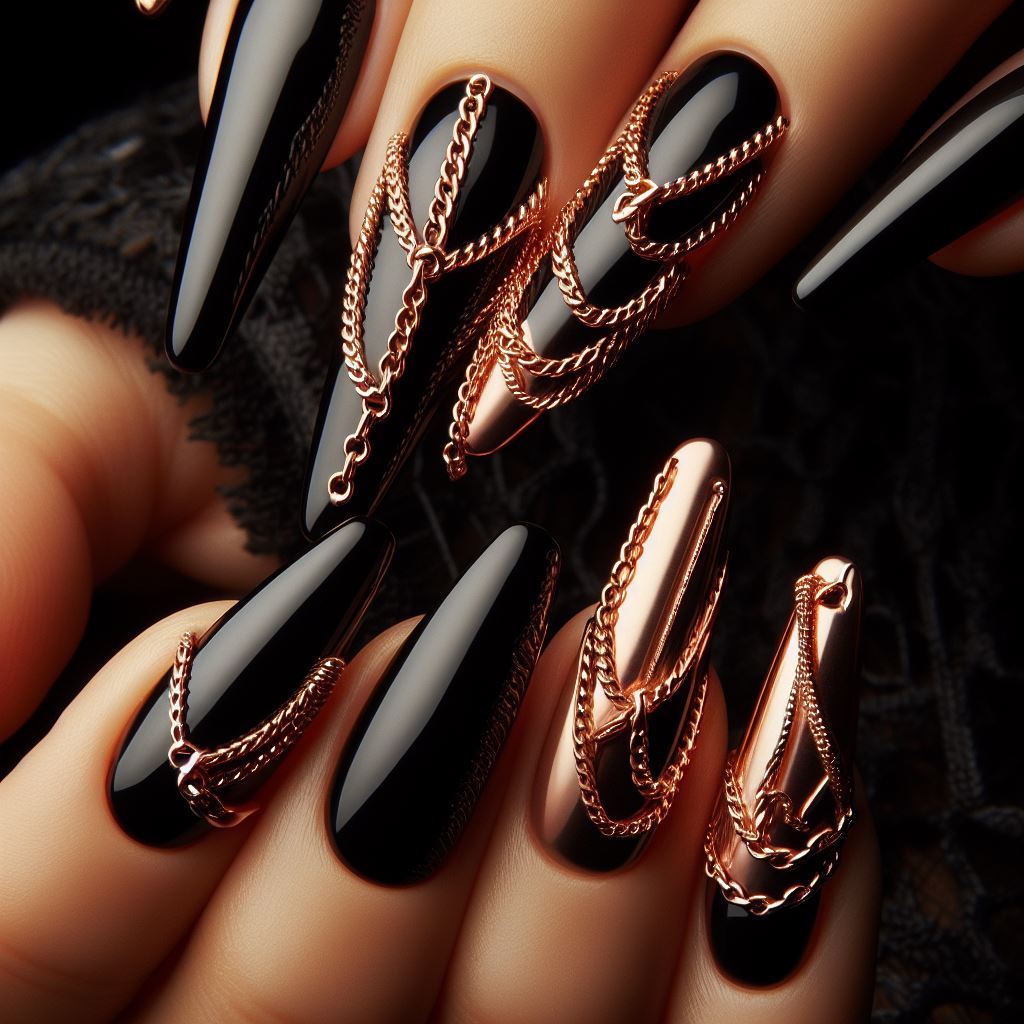 Edgy Rose Gold Chains on Black Base nails