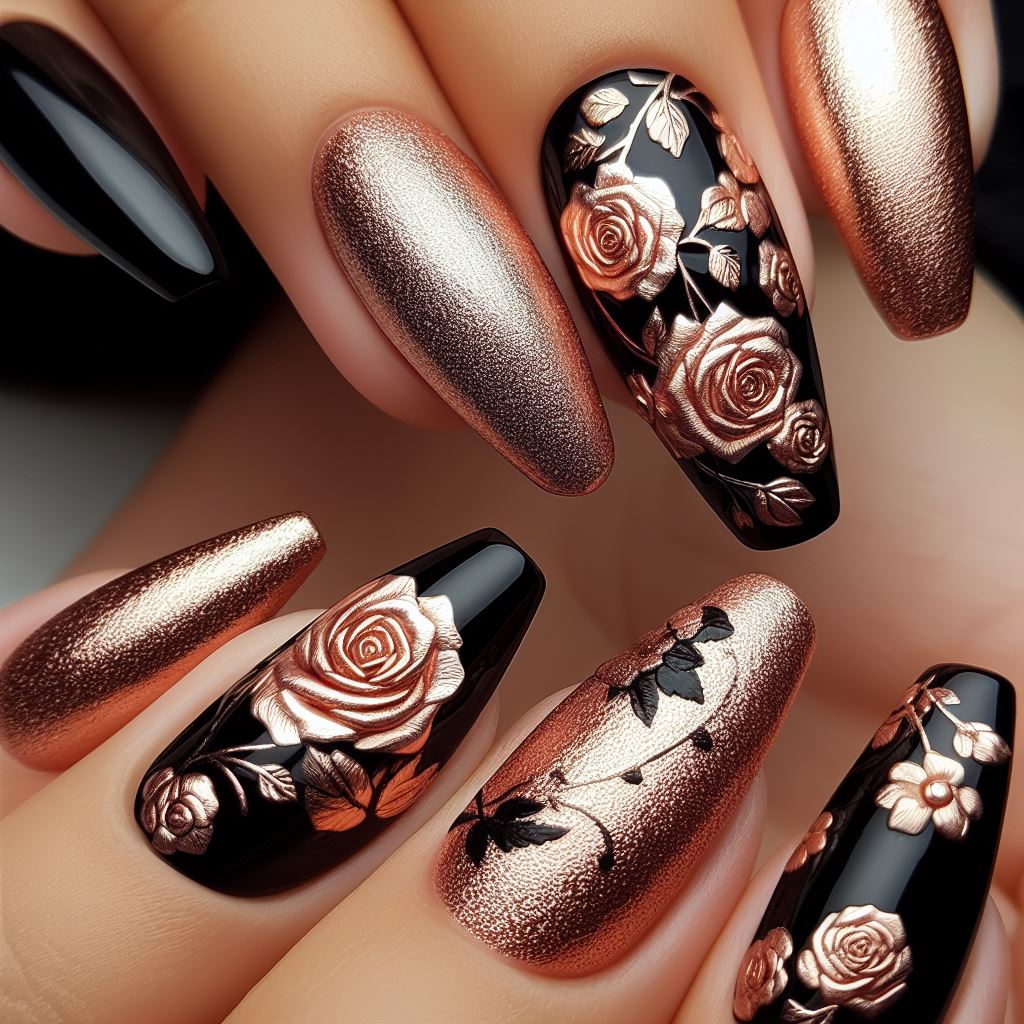 Floral Rose Gold and Black Nail Art