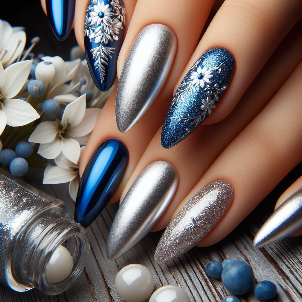 Classic Silver and Royal Blue Nails