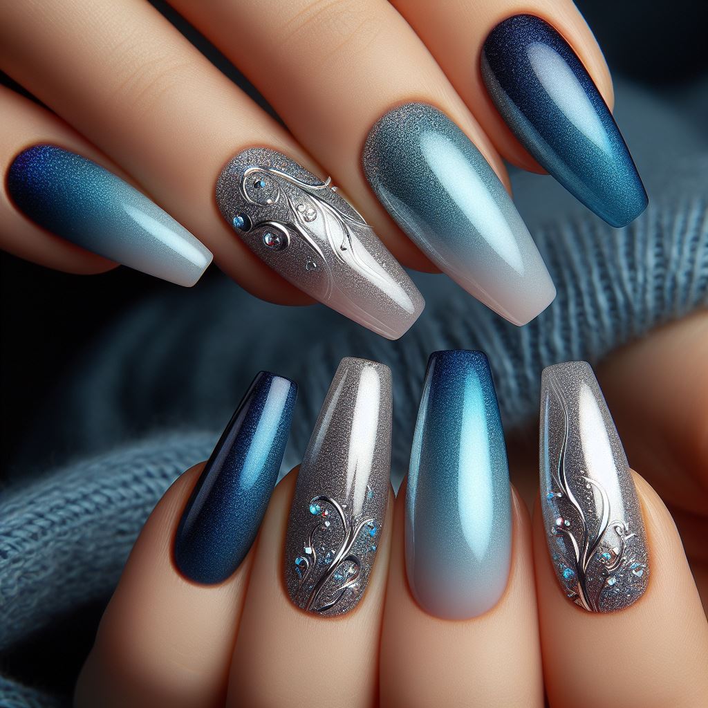 Silver and Royal Blue Gradient Effect Nails