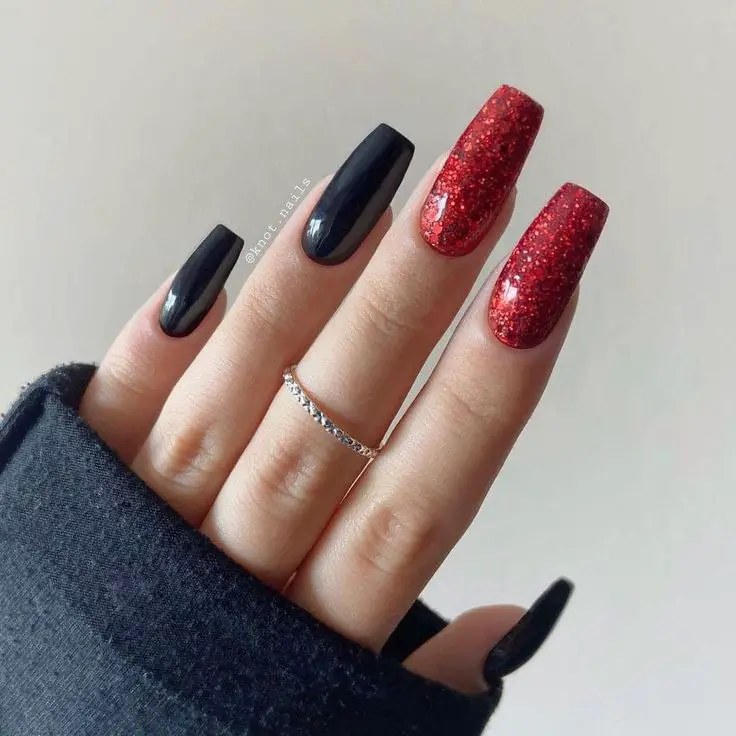 Black and Red Nails with Glitter Long Nails