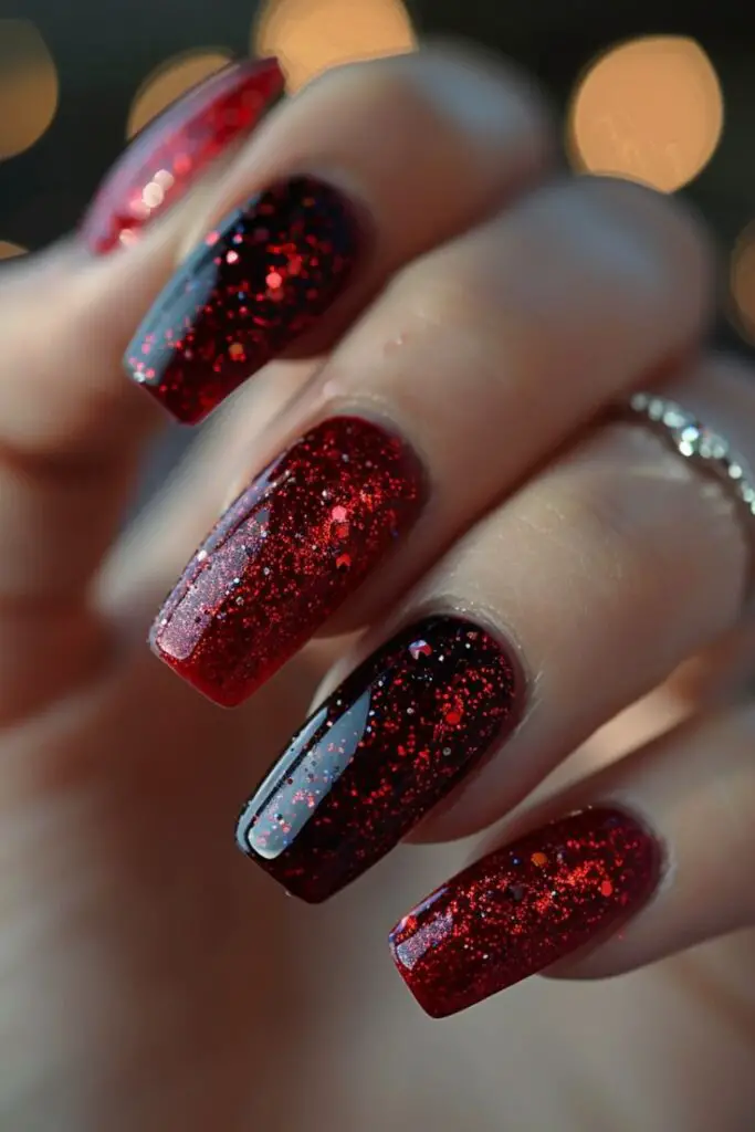 Black and Red Nails with deep Glitter