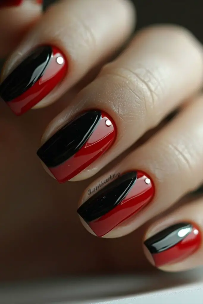 Black and Red Stripe Nails with stone