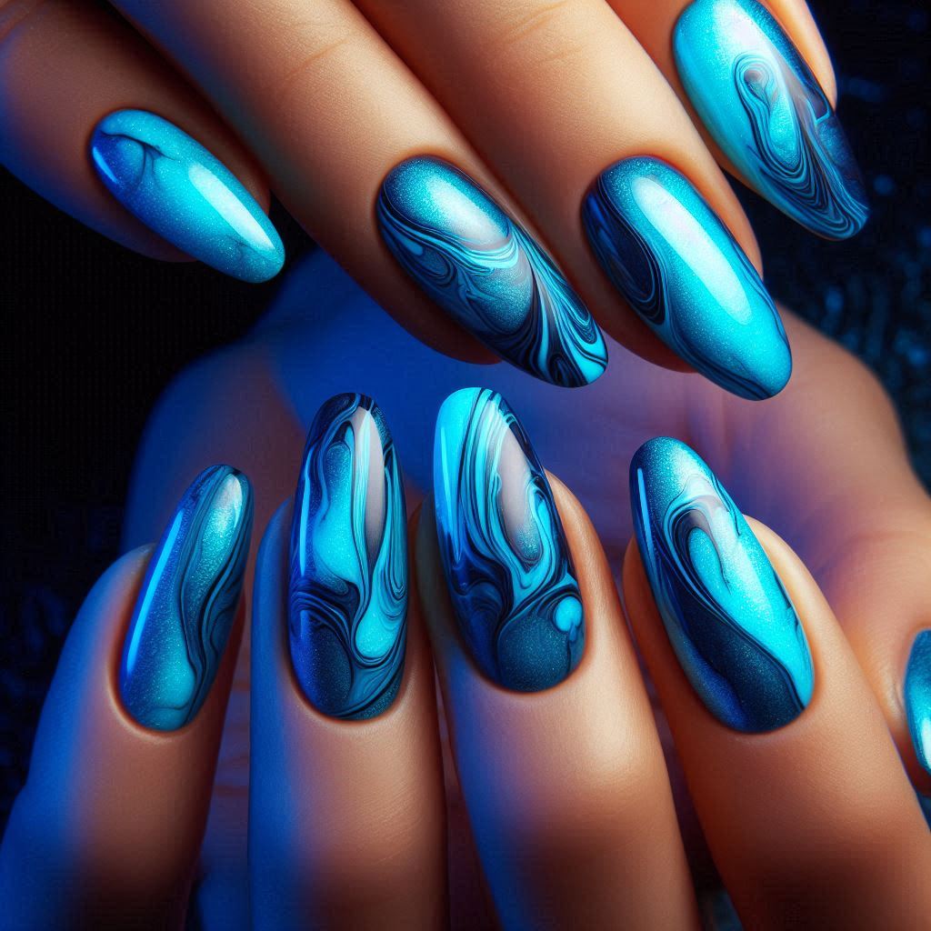 Neon Blue Marble Effect Nails