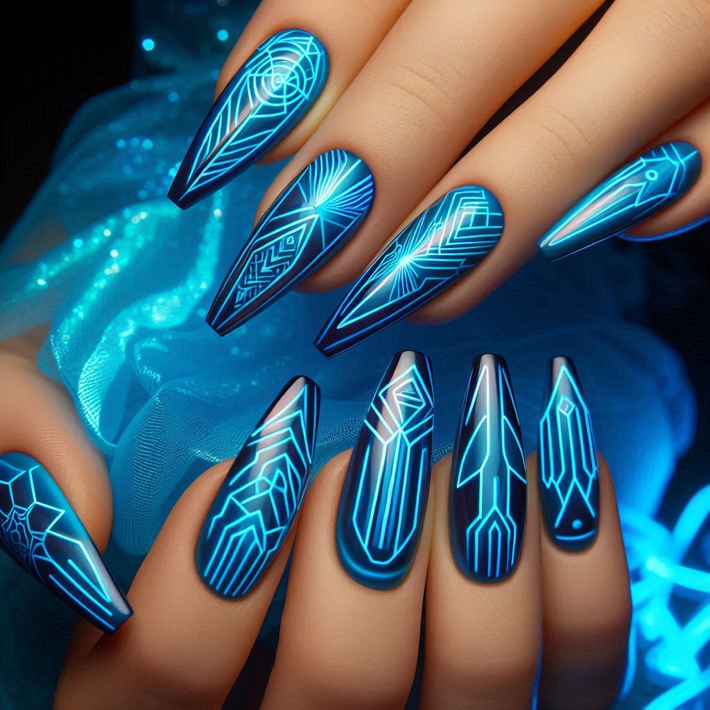 Neon Blue Nails with Geometric Patterns