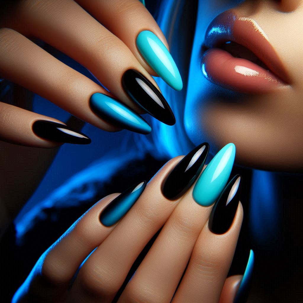 Neon Blue and Black Nails