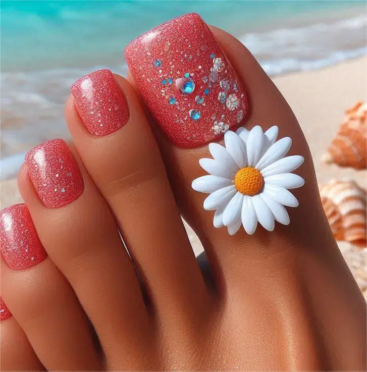 Coral Glitter Toe Nails