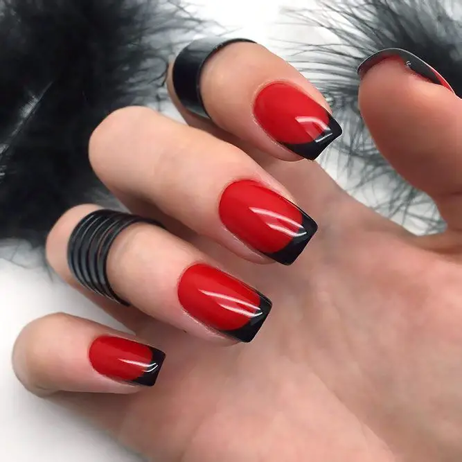 glossy Red Nails with Black Tips