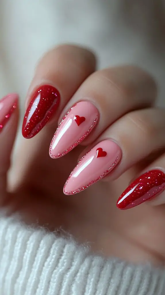 Red Prom Nails with Heart Detail