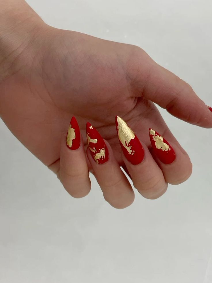Red Nails with Gold Foil