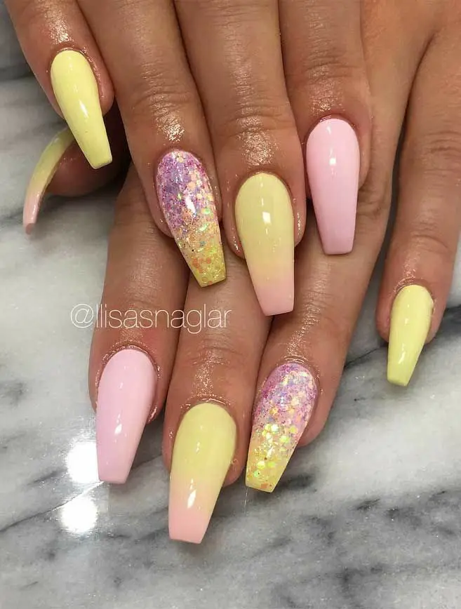 Pastel Yellow Nails with Glitter