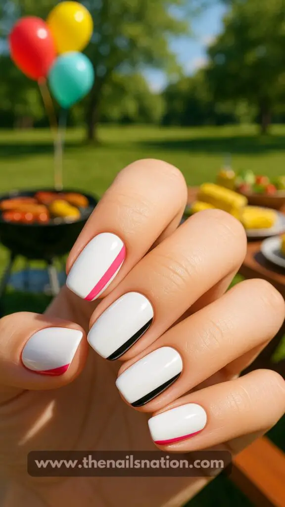 Pink White and Black Nails