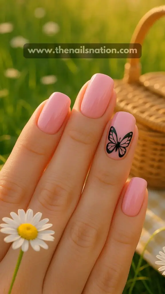 Pink and Black Nails with Butterflies