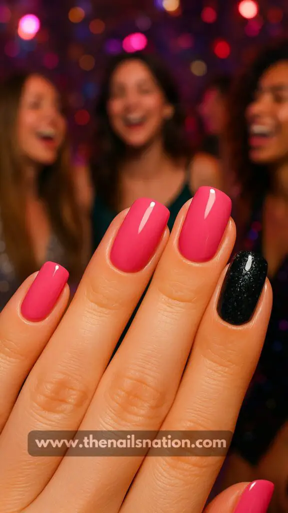 Pink and Black Nails with Glitter