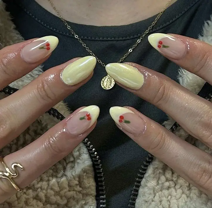 Butter Yellow Nails with Cherry