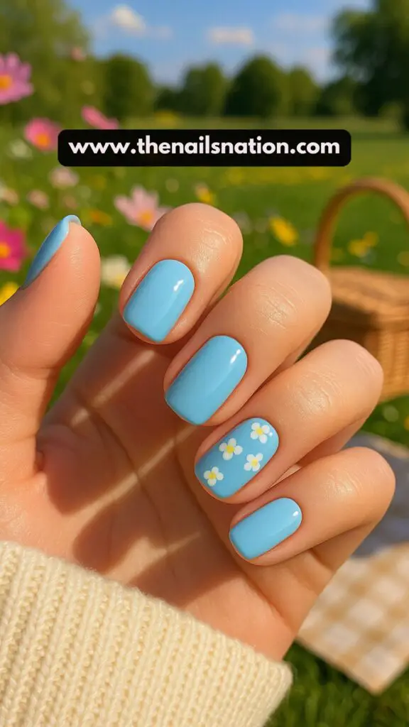Blue Summer Nails with Flowers