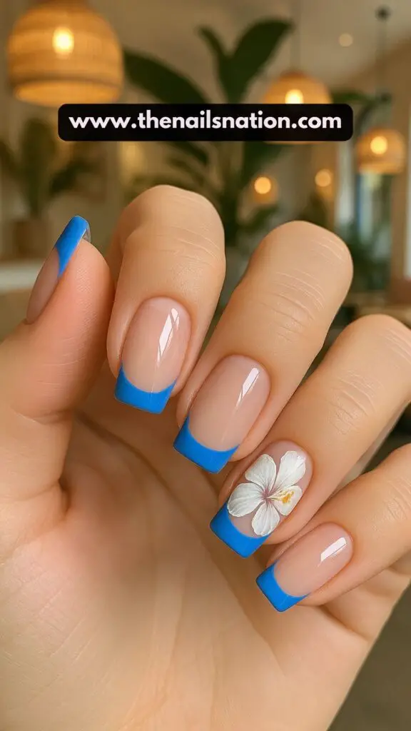 Blue French Tip Nails with Hibiscus Flower (1)
