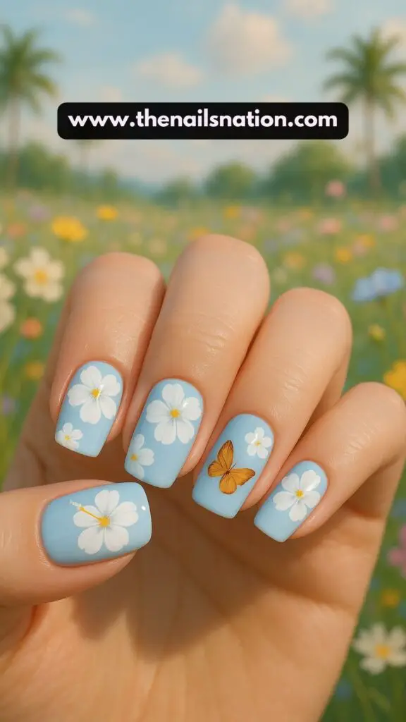 Baby blue nails with flowers