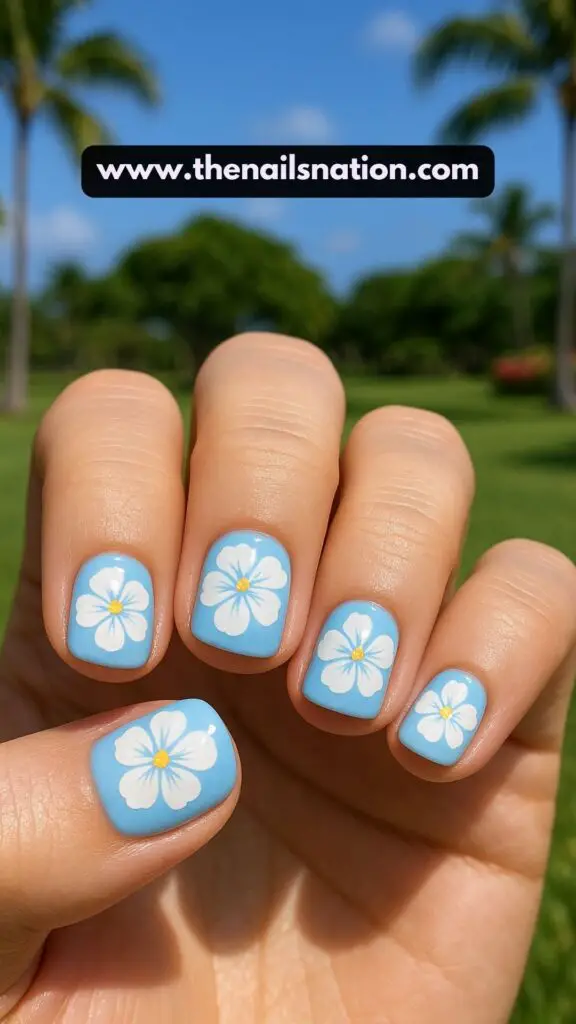 Short Blue Hibiscus Flower Nails