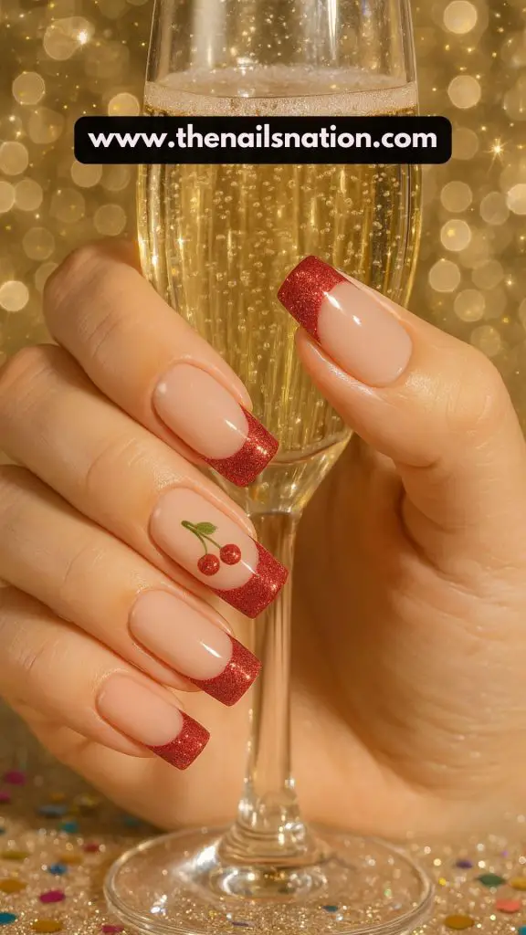 Cherry Glitter French Nails