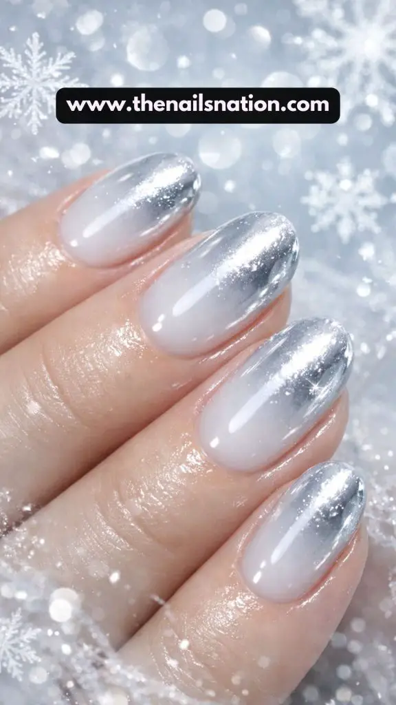 Frosted White Chrome Ombré Nails