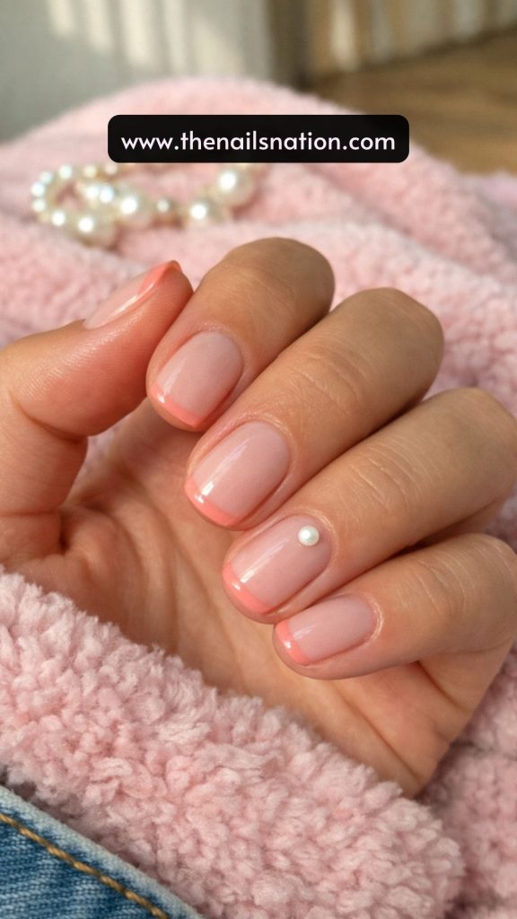 Peach Micro Tip + Tiny Pearl Nails