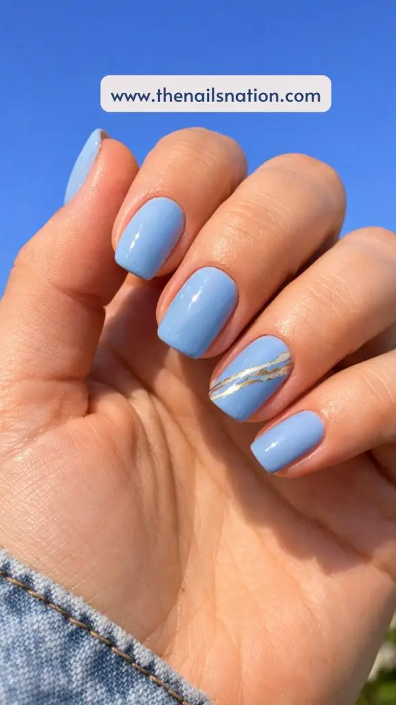 Blue Spring Nail Ideas with Gold Foil Lines