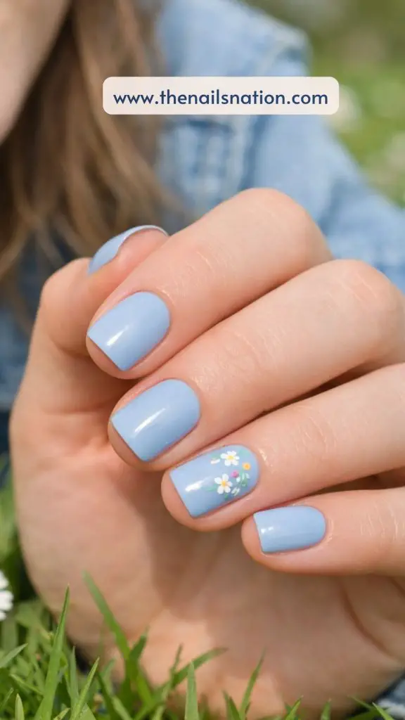 Blue Spring Nail Ideas with Micro Floral Accents