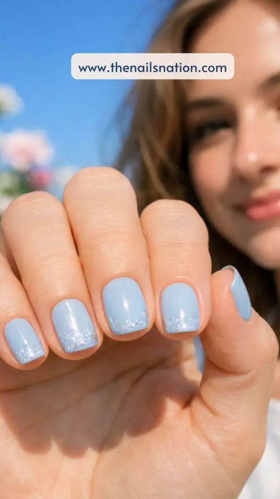 Blue Spring Nail Ideas with Subtle Glitter Overlay