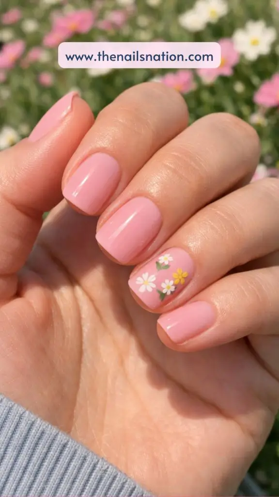 Girl Pink Spring Nails with Floral Design