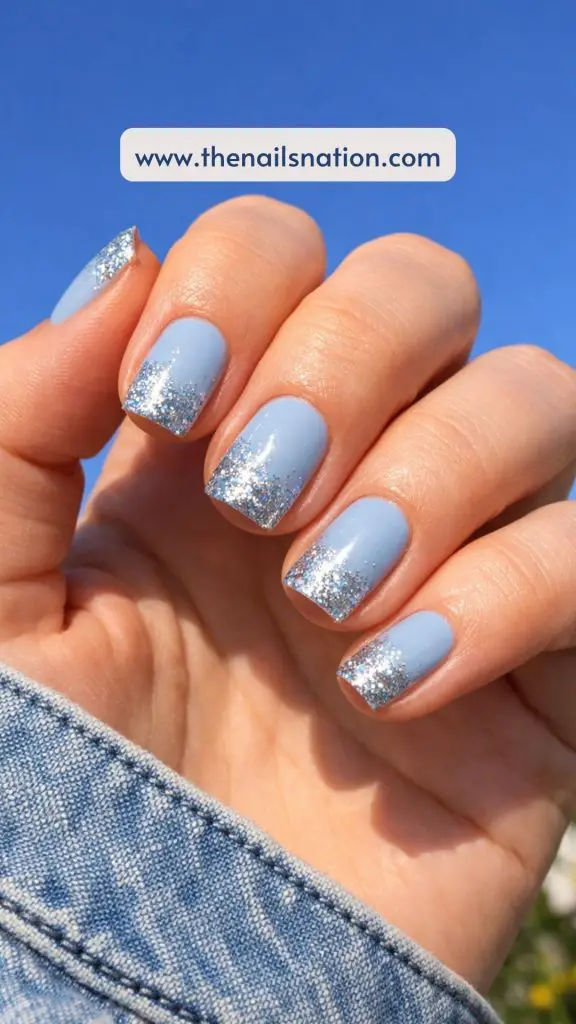 Light Blue Spring Nail Ideas with Glitter Fade