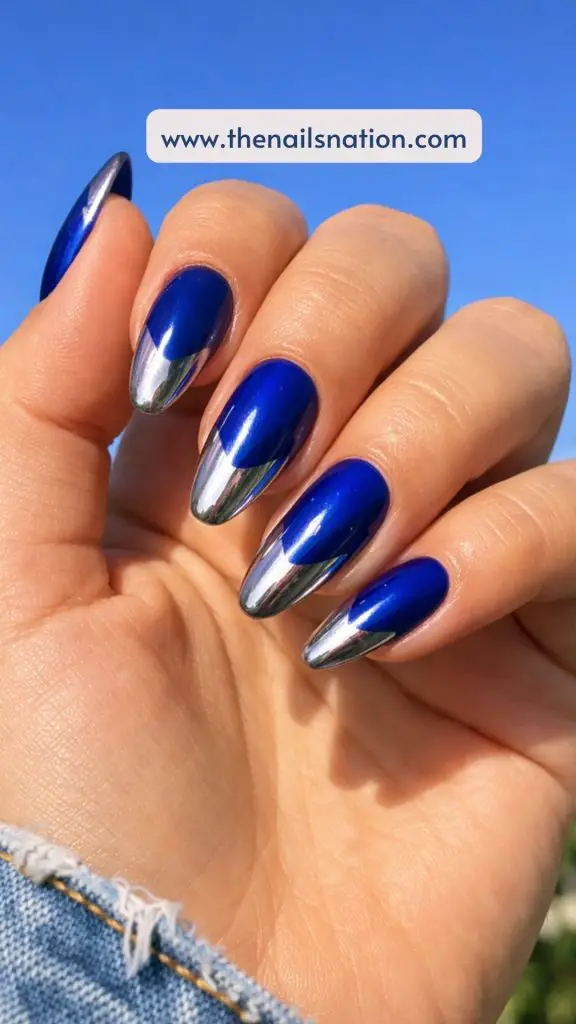 Long Blue Spring Nail Ideas with Chrome Tip