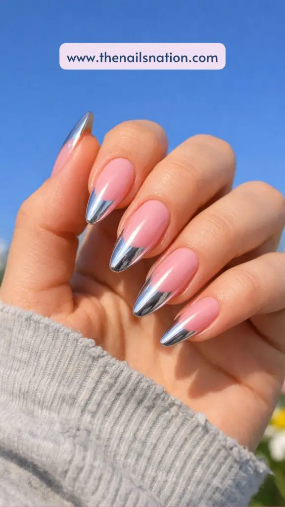 Long Pink Spring Nails with Chrome Tip
