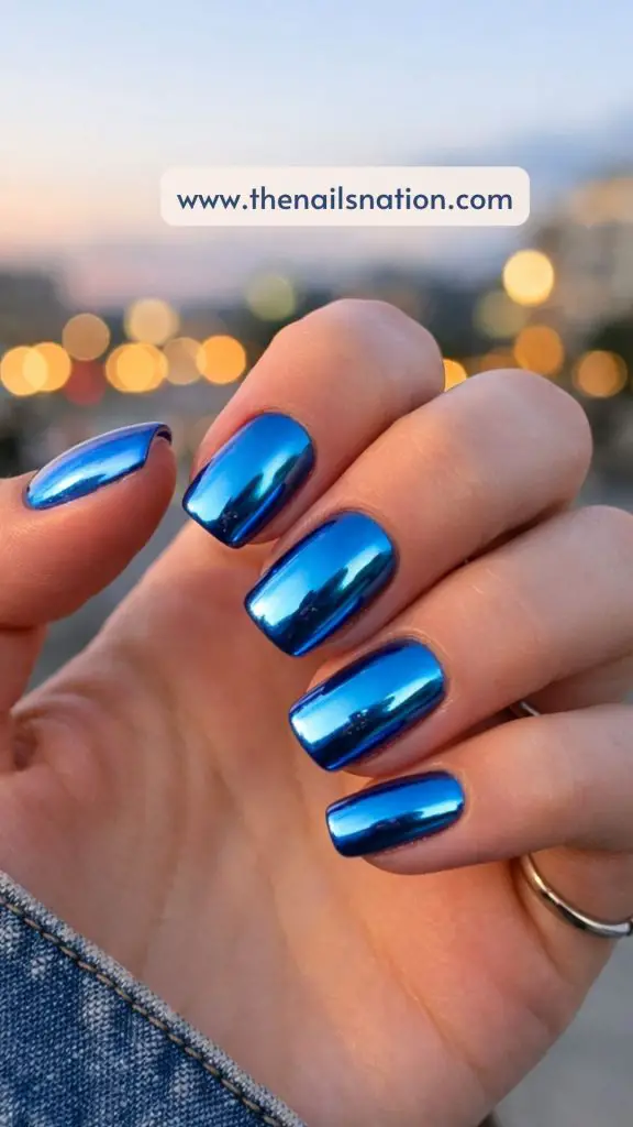 Metallic Blue Spring Nail Ideas with Chrome Finish