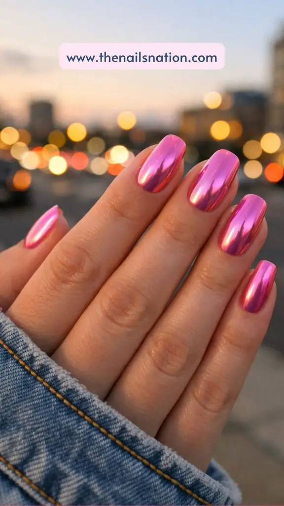 Metallic Pink Spring Nails with Mirror Finish