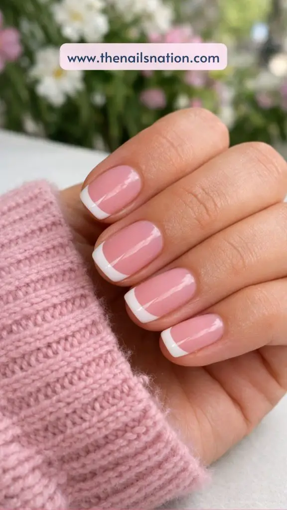Close-up realistic photo of a woman's hand with short square nails in soft pink base and thin gold micro tip, natural spring daylight, hand resting casually with pink sweater sleeve visible, soft blurred background with flowers, realistic skin texture, casual everyday shot