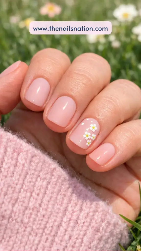 Short Pink Spring Nails with Tiny Floral Accents